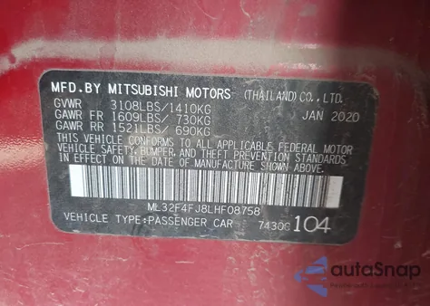 2020 Mitsubishi Mirage G4 Le z USA, uszkodzony, nr VIN ML32F4FJ8LHF08758